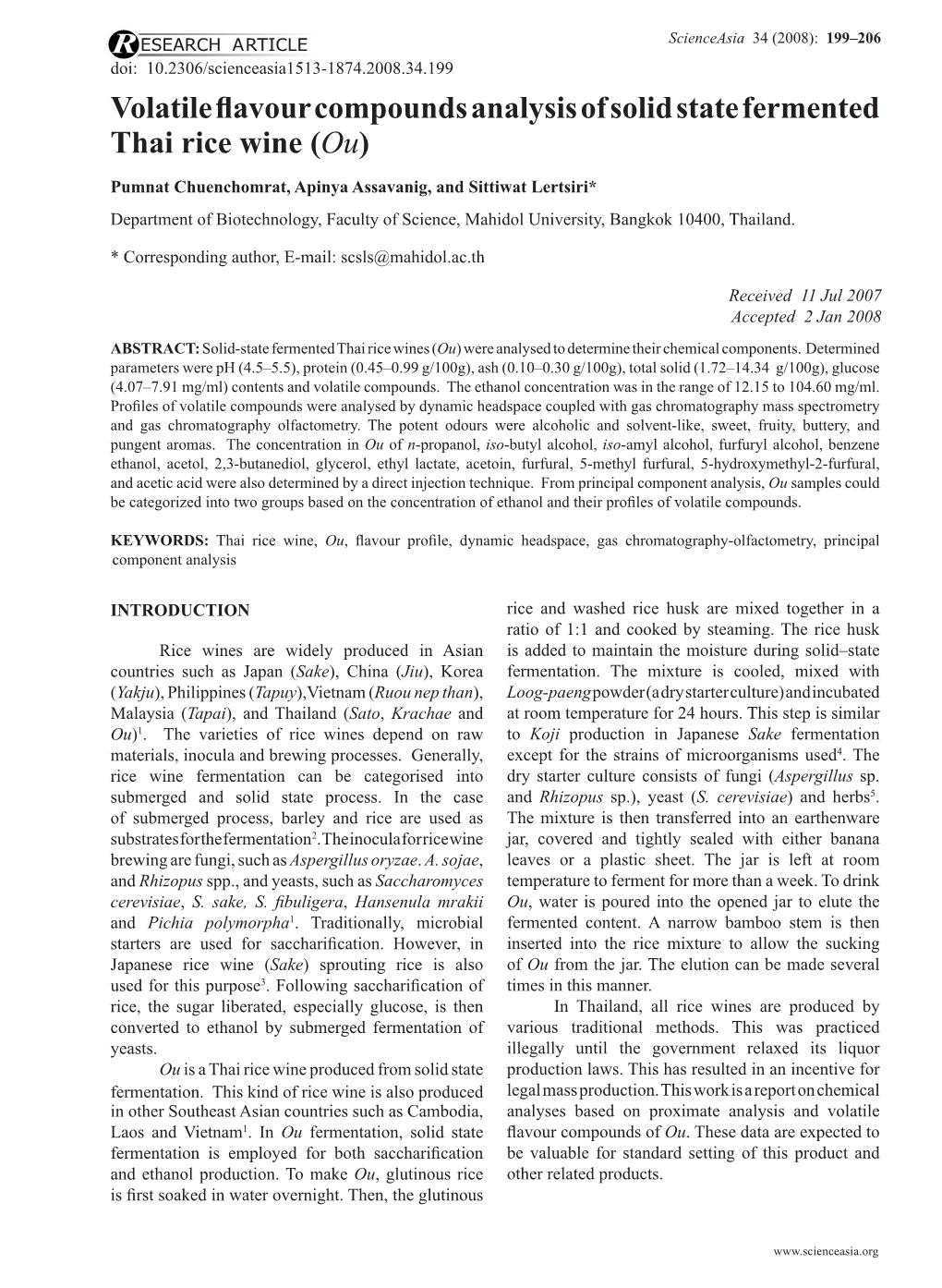 Volatile Flavour Compounds Analysis of Solid State Fermented Thai Rice Wine (Ou)