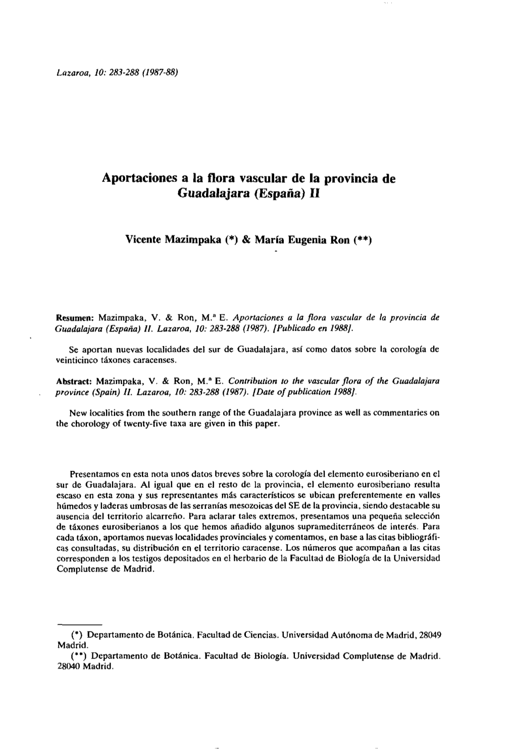 Aportaciones a La Flora Vascular De La Provincia De Guadalajara (España) II
