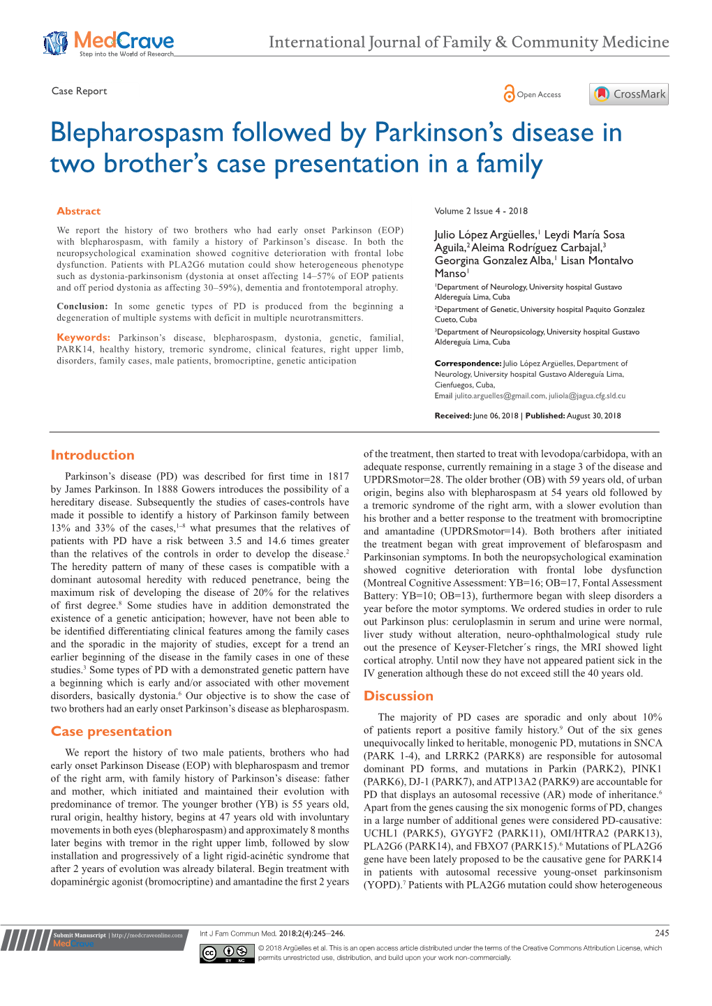 Blepharospasm Followed by Parkinson's Disease in Two Brother's Case Presentation in a Family