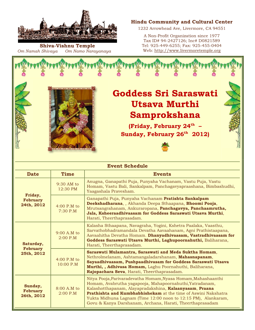 Goddess Sri Saraswati Utsava Murthi Samprokshana (Friday, February 24Th – Sunday, February 26Th 2012)