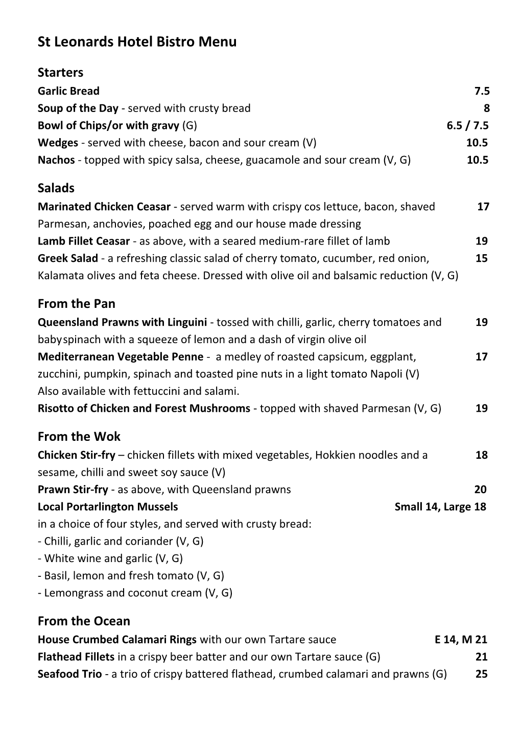 St Leonards Hotel Bistro Menu