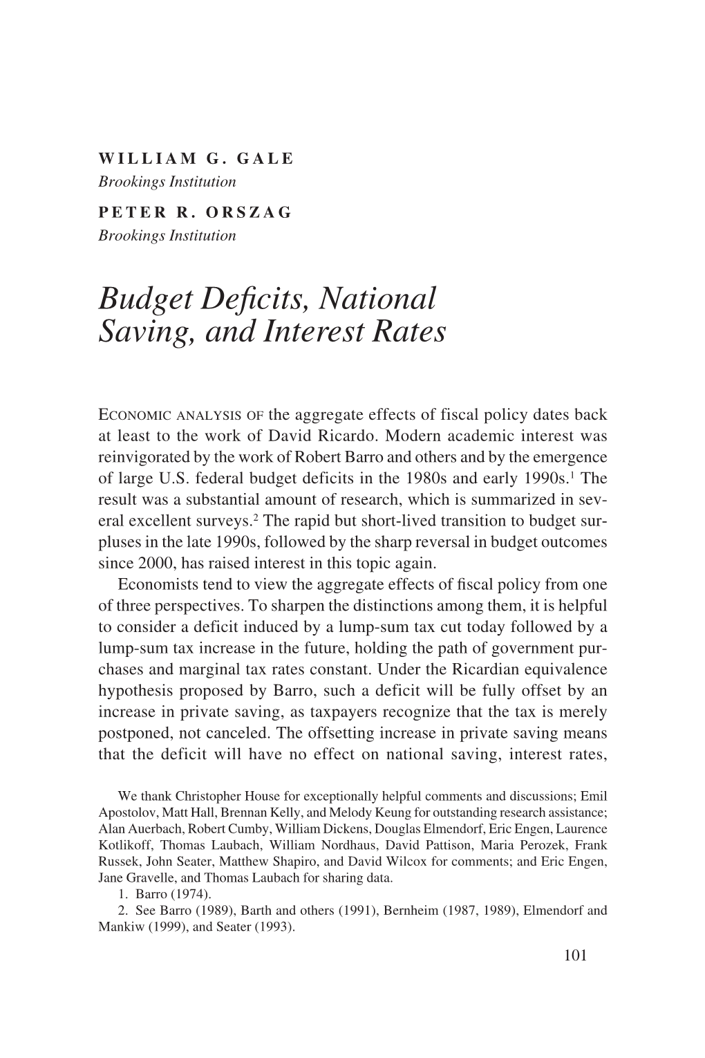 Budget Deficits, National Saving, and Interest Rates