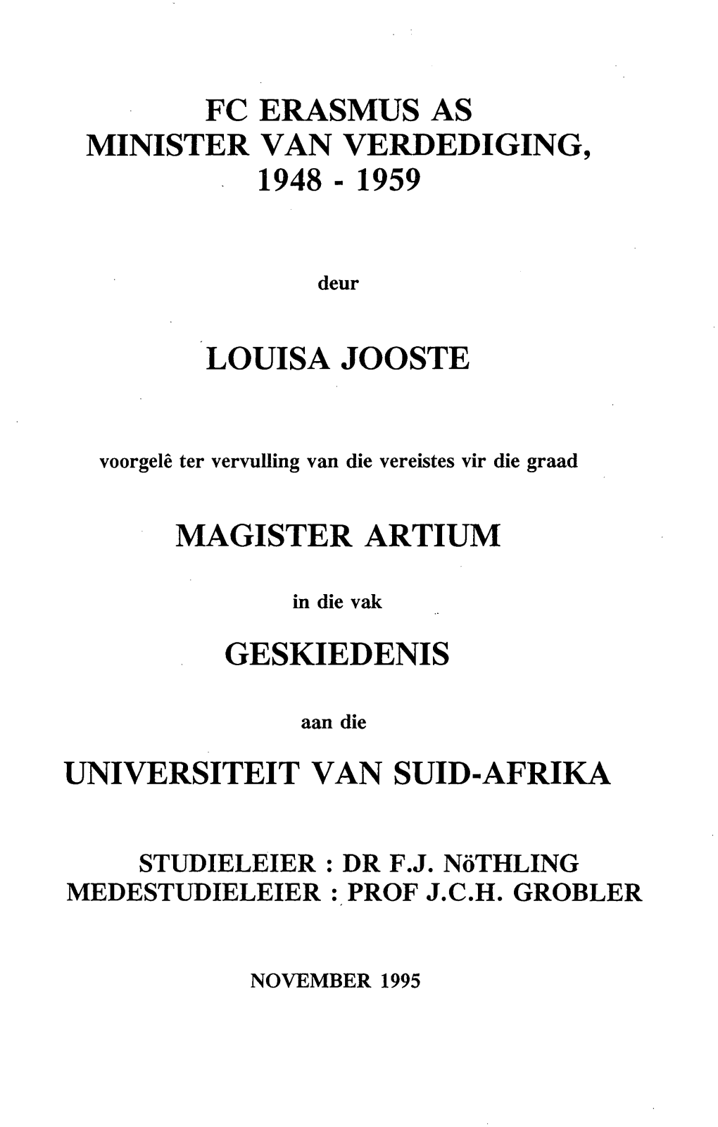 Louisa Jooste Magister Artium Geskiedenis Universiteit