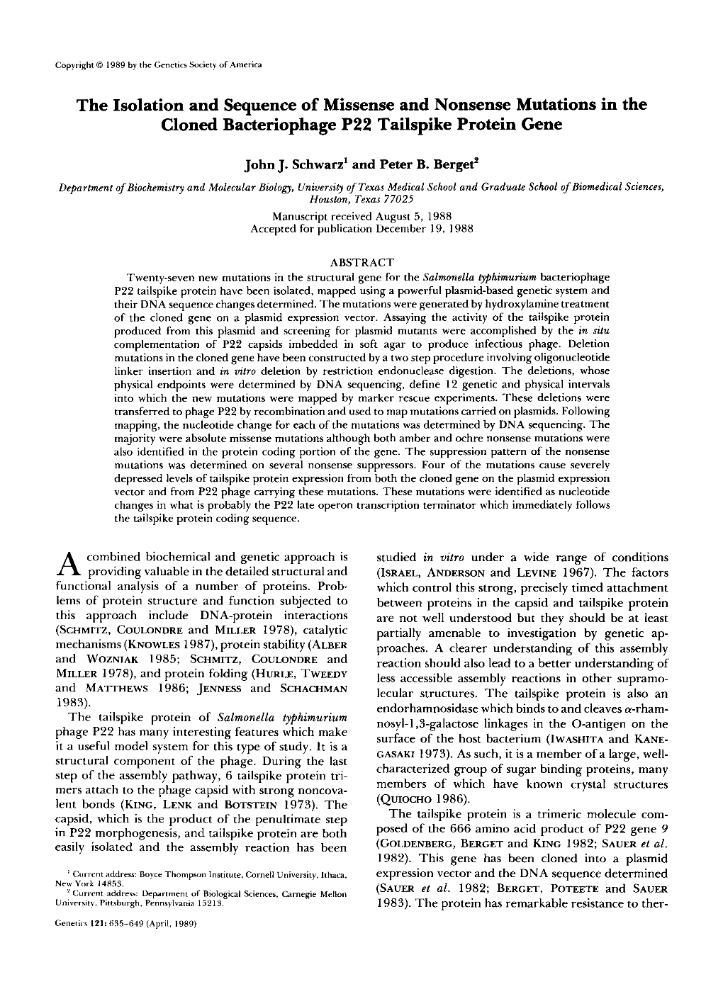 The Isolation and Sequence of Missense and Nonsense Mutations in the Cloned Bacteriophage P22 Tailspike Protein Gene