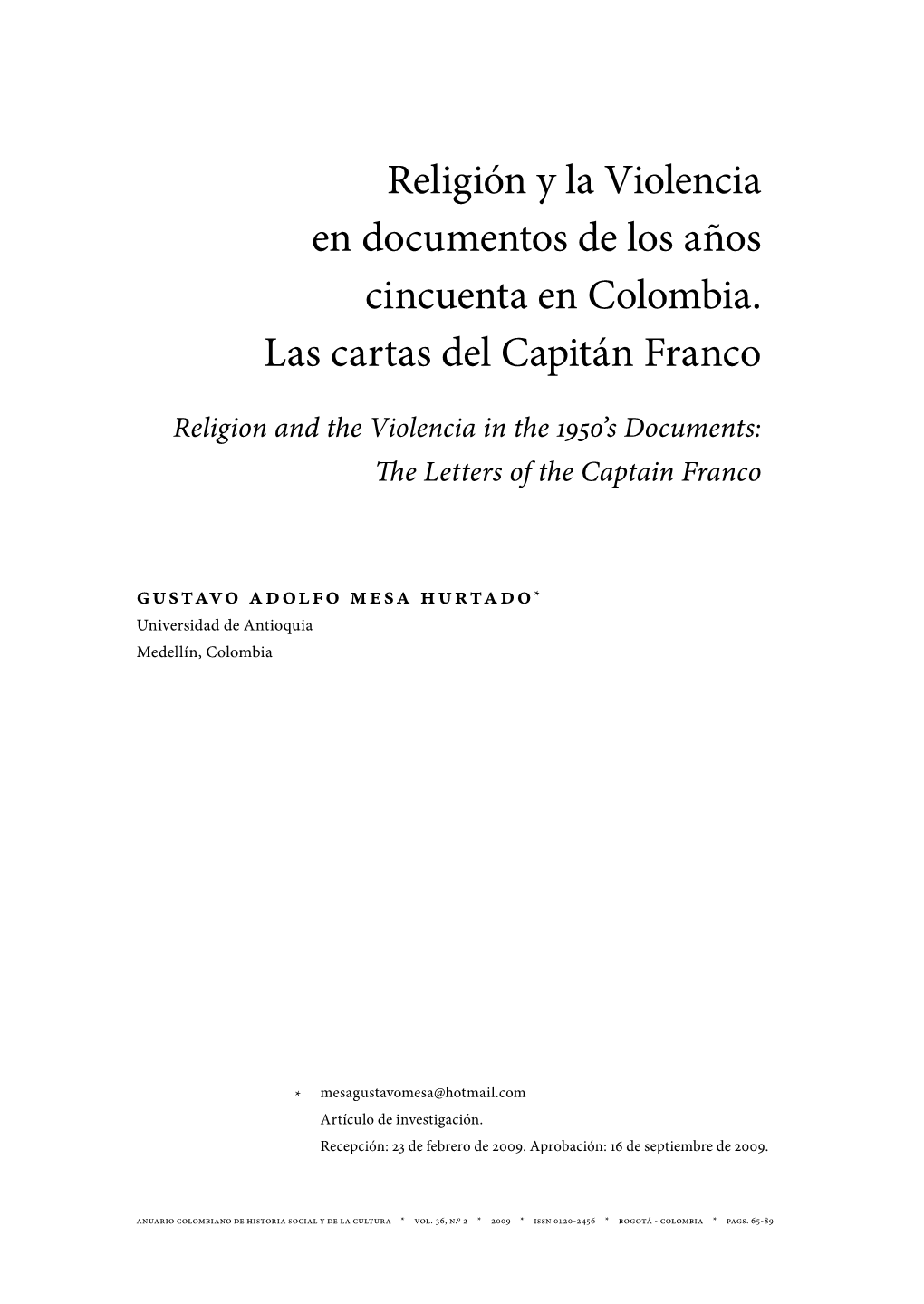 Religión Y La Violencia En Documentos De Los Años Cincuenta En Colombia