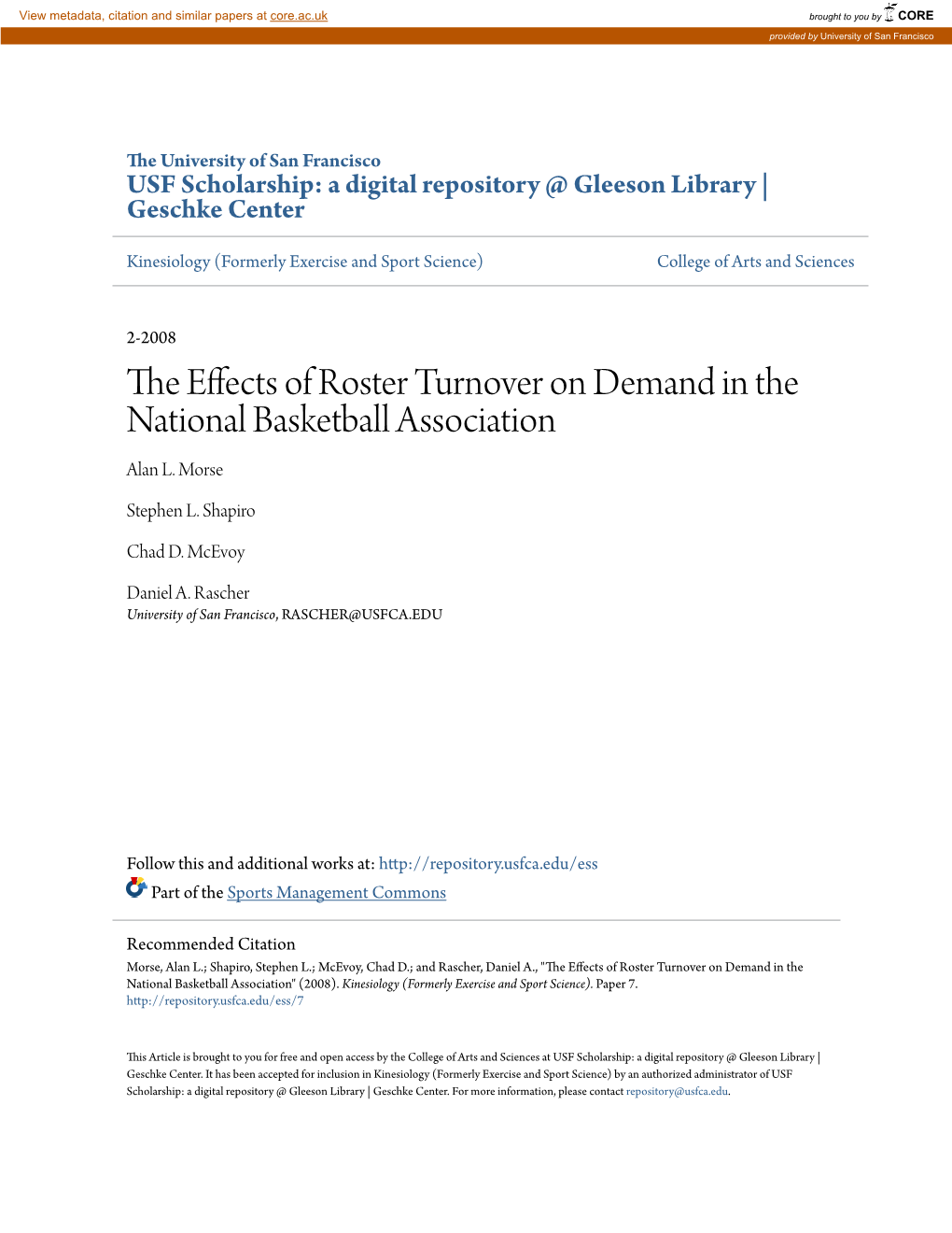 The Effects of Roster Turnover on Demand in the National Basketball Association" (2008)