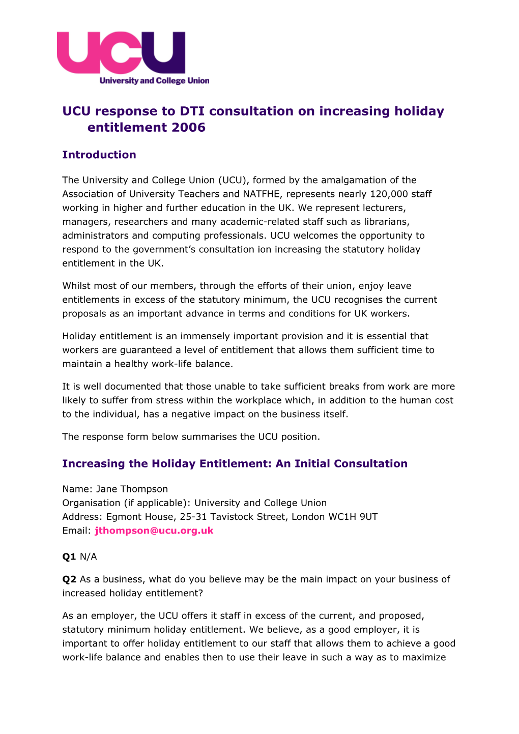 UCU Response to DTI Consultation on Increasing Holiday Entitlement 2006