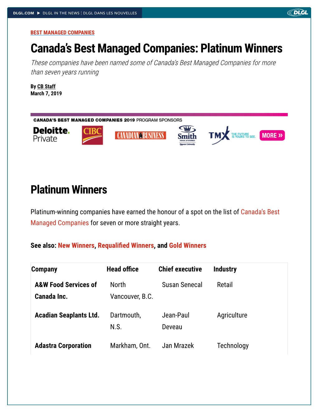 Canada's Best Managed Companies: Platinum Winners