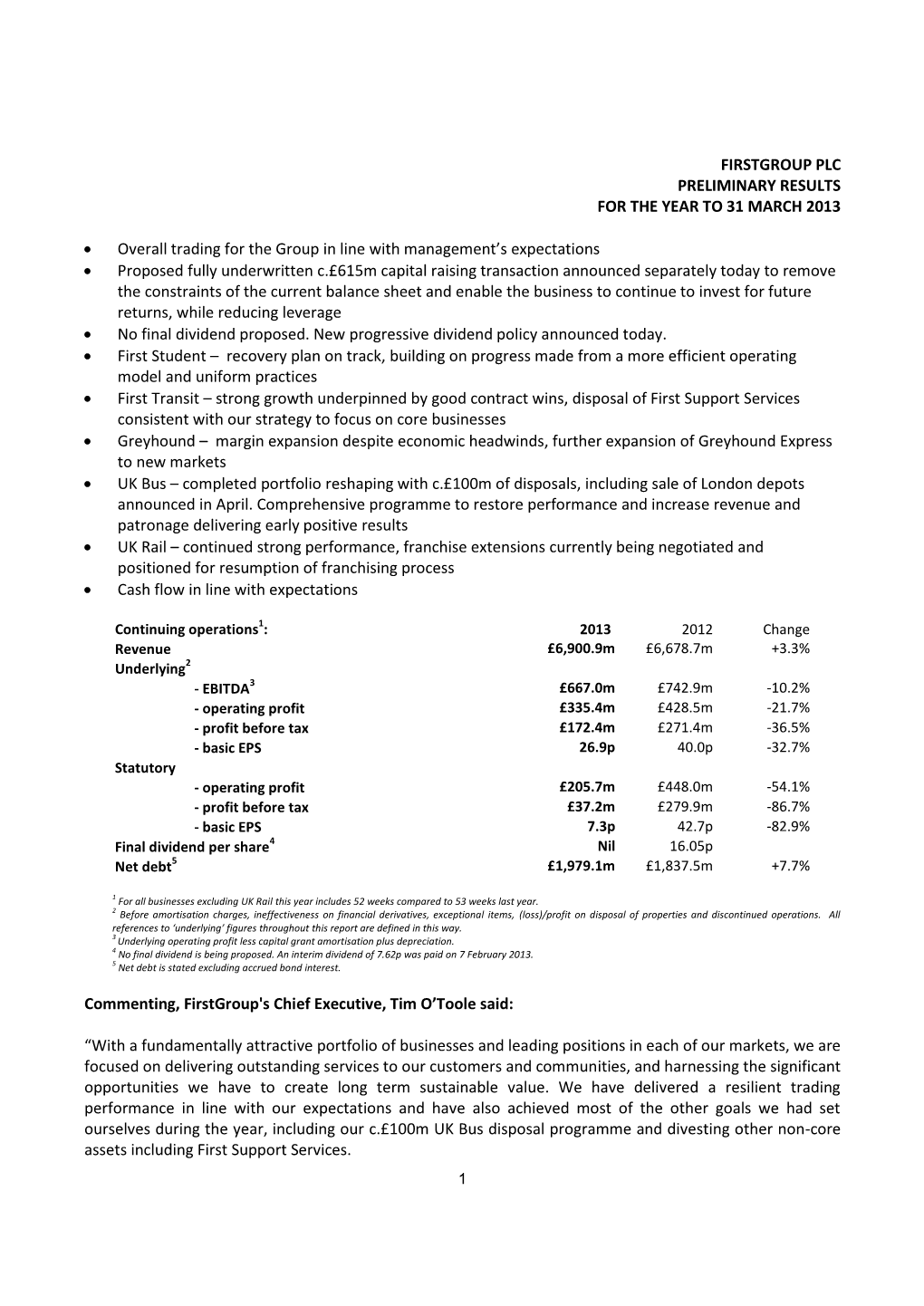 Firstgroup Plc Preliminary Results for the Year to 31 March 2013