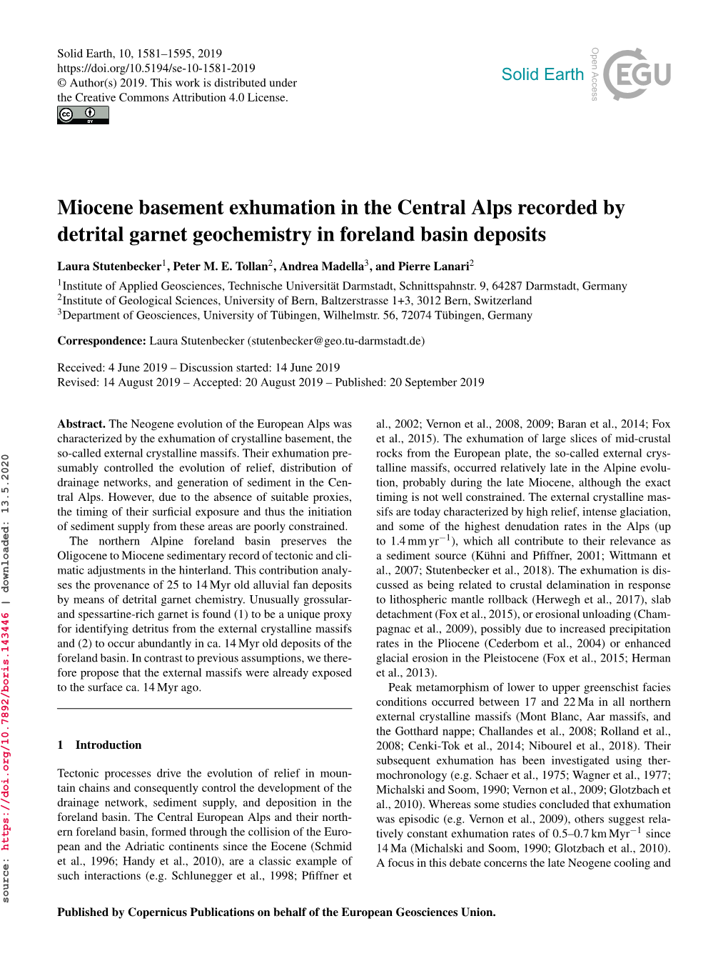 Miocene Basement Exhumation in the Central Alps Recorded by Detrital Garnet Geochemistry in Foreland Basin Deposits