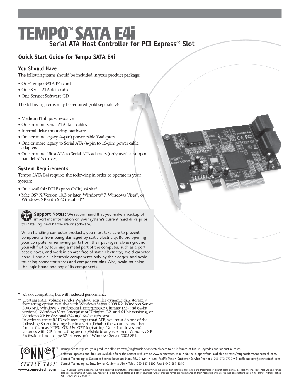 TEMPO™ SATA E I Serial ATA Host Controller4 for PCI Express® Slot Quick Start Guide for Tempo SATA E4i