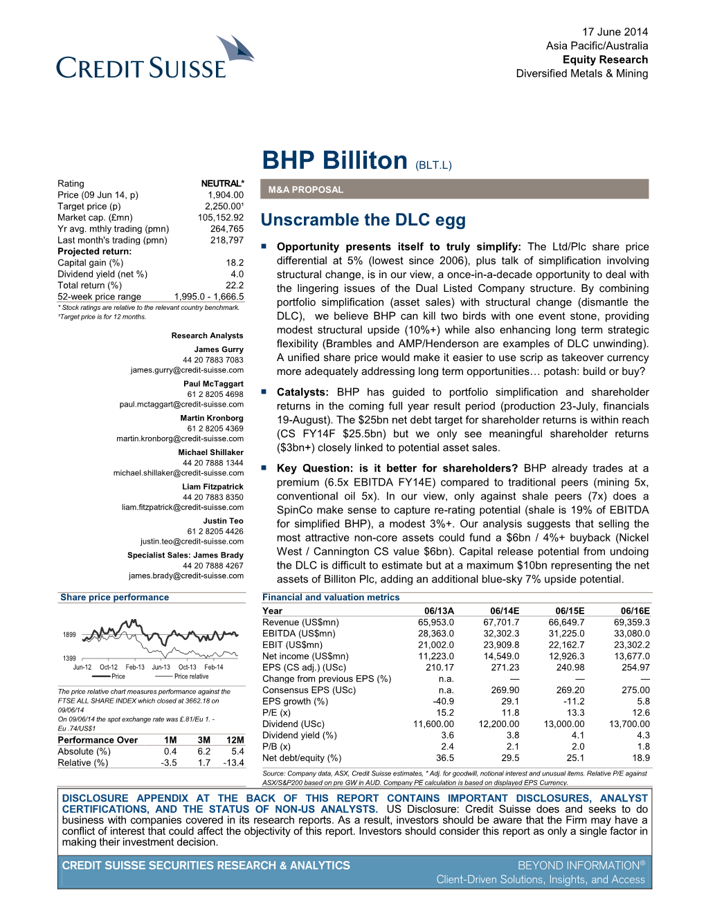 BHP Billiton (BLT.L) Rating NEUTRAL* M&A PROPOSAL