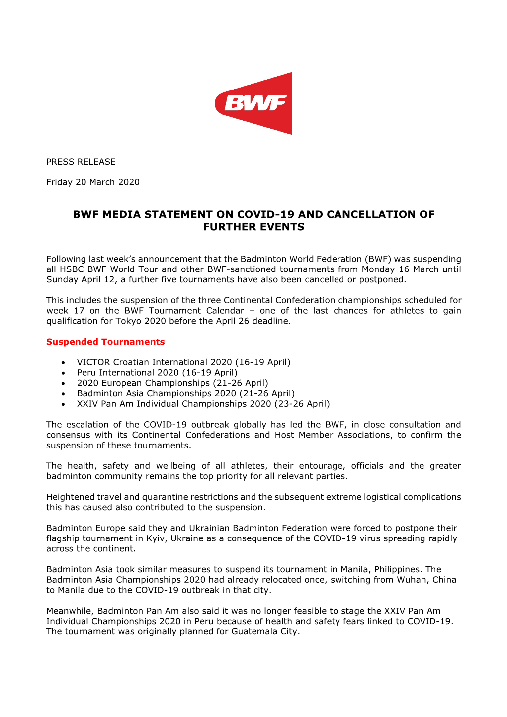 Bwf Media Statement on Covid-19 and Cancellation of Further Events