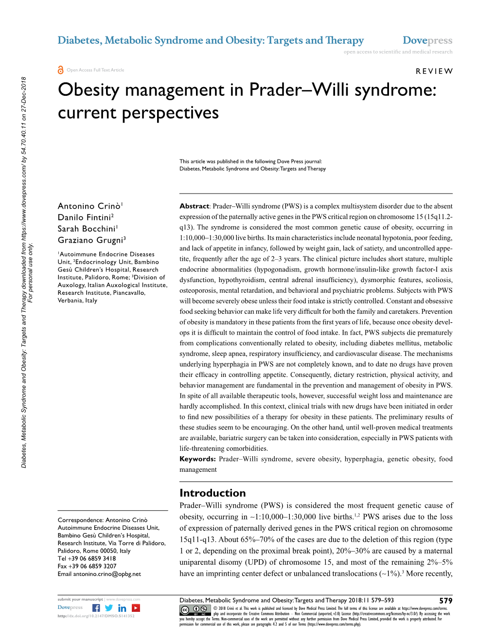 Obesity Management in Prader–Willi Syndrome Open Access to Scientific and Medical Research DOI