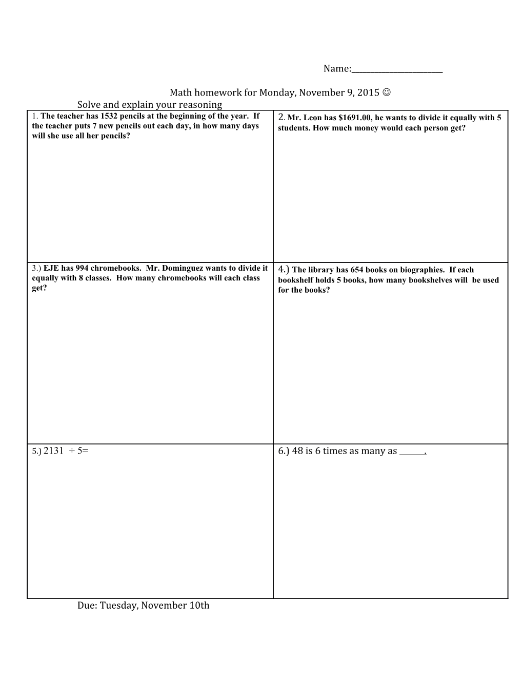 Math Homework for Monday, November 9, 2015 J