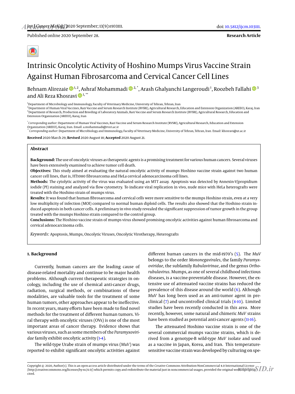 Intrinsic Oncolytic Activity of Hoshino Mumps Virus Vaccine Strain Against Human Fibrosarcoma and Cervical Cancer Cell Lines