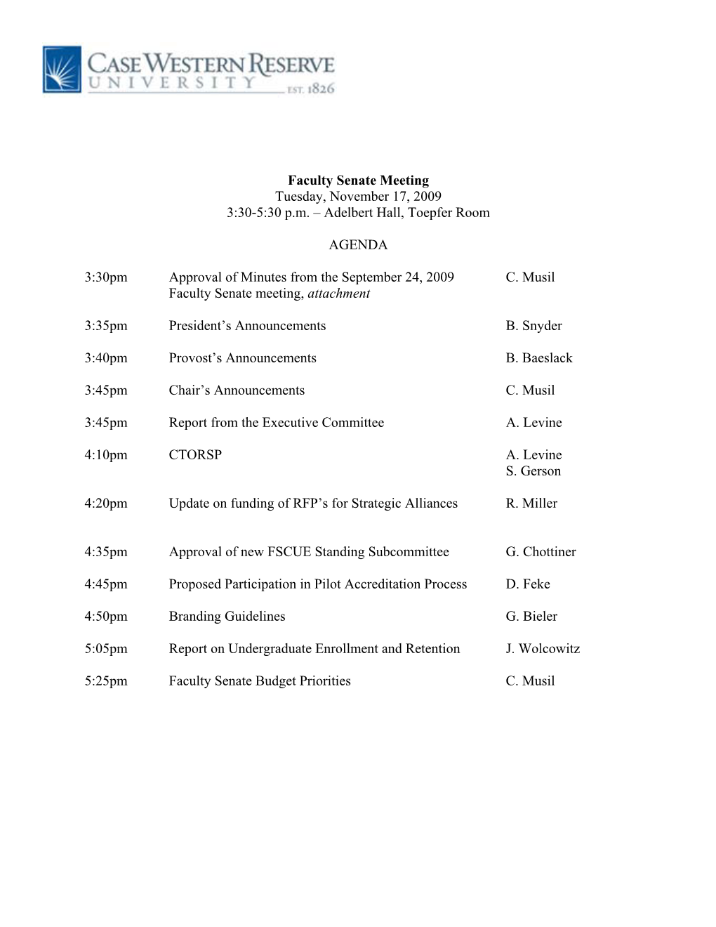 Faculty Senate Meeting Tuesday, November 17, 2009 3:30-5:30 Pm