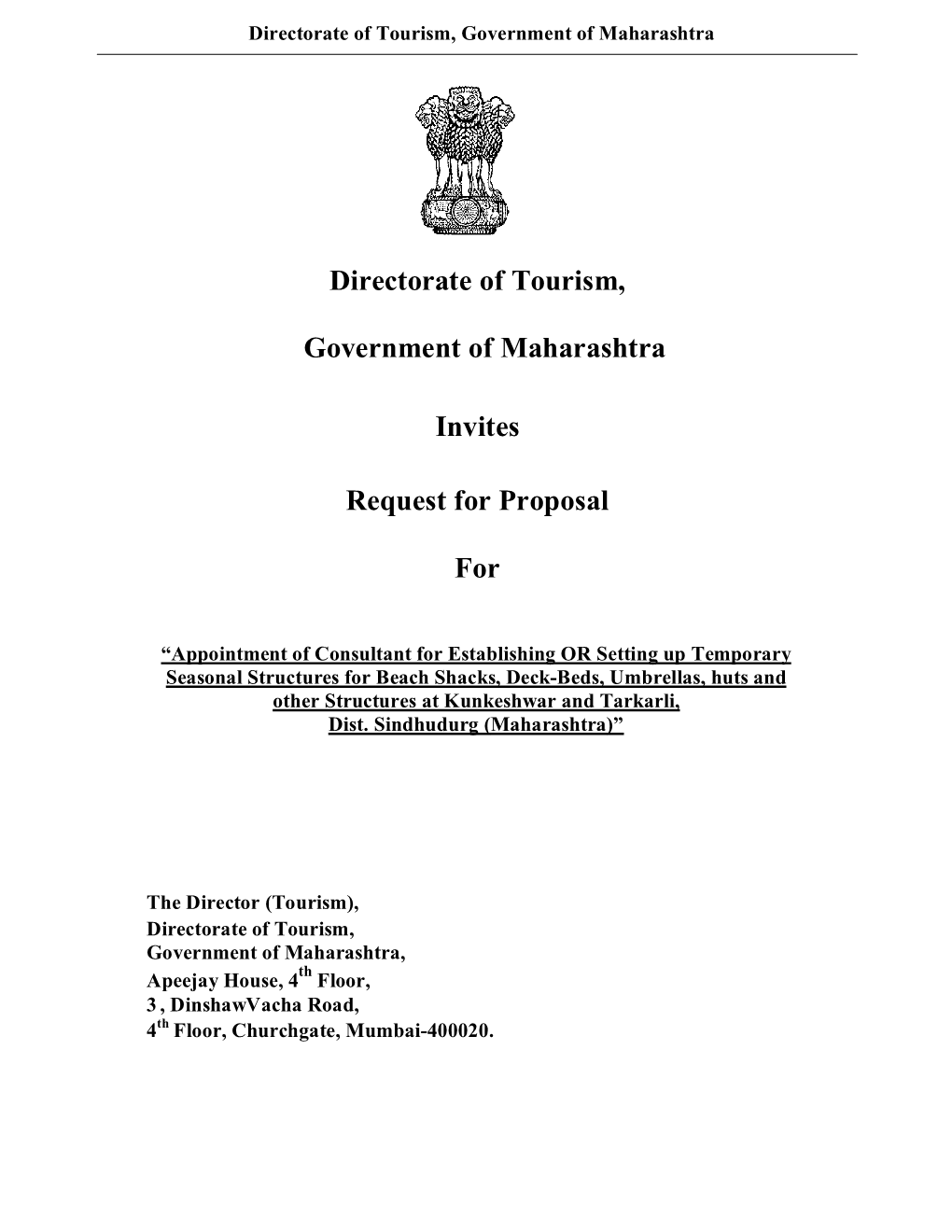 Directorate of Tourism, Government of Maharashtra Invites Request for Proposal