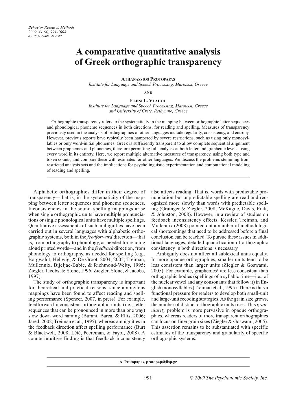 A Comparative Quantitative Analysis of Greek Orthographic Transparency