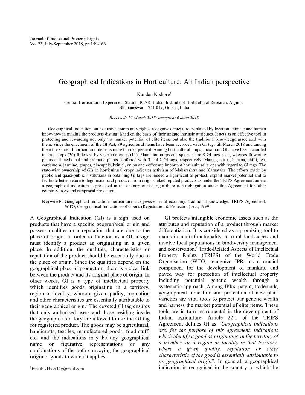 Geographical Indications in Horticulture: an Indian Perspective