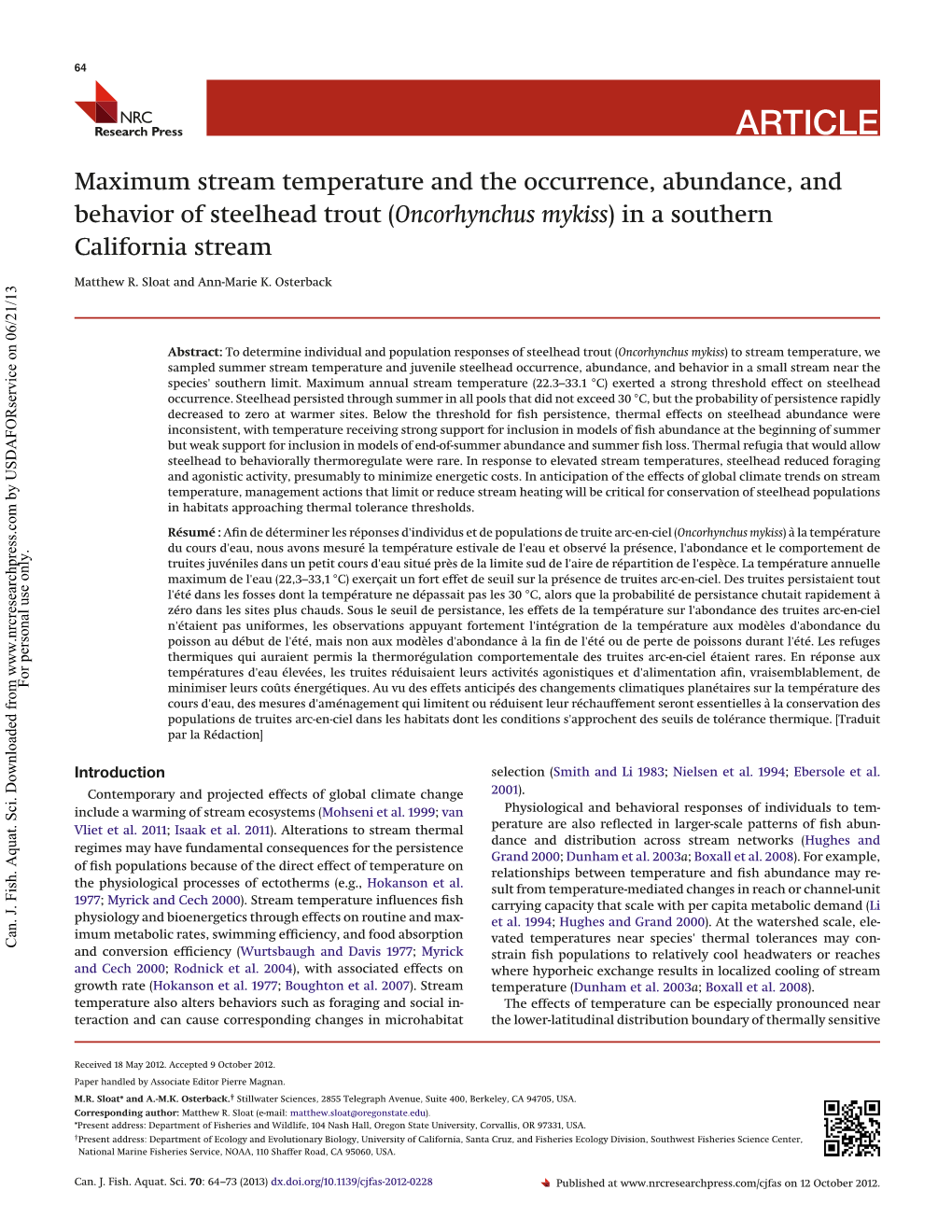 Maximum Stream Temperature and the Occurrence, Abundance, and Behavior of Steelhead Trout (Oncorhynchus Mykiss) in a Southern California Stream