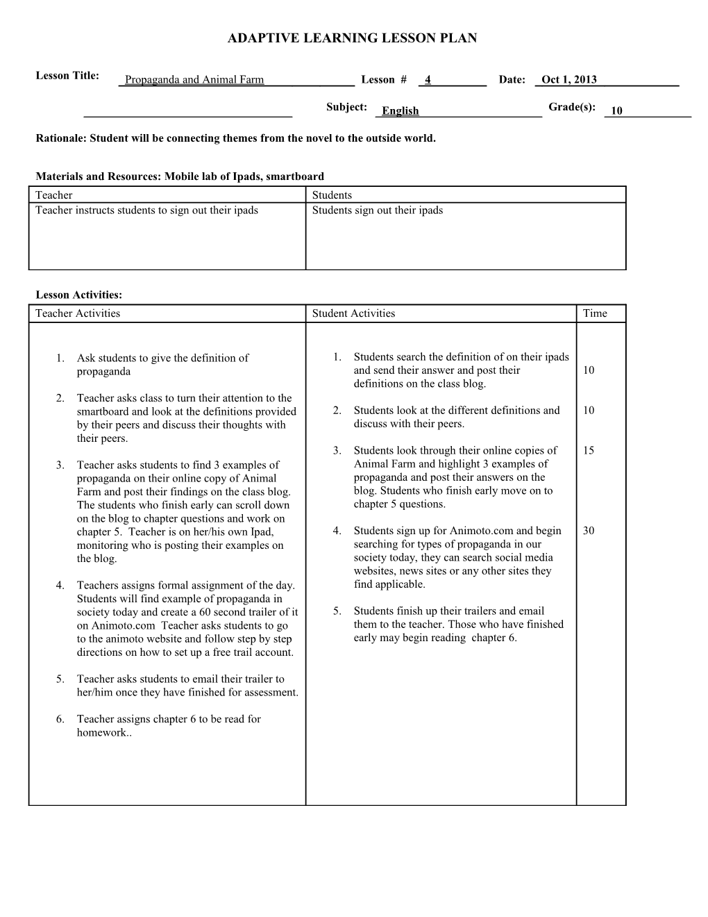 Sample Lesson Plan Template