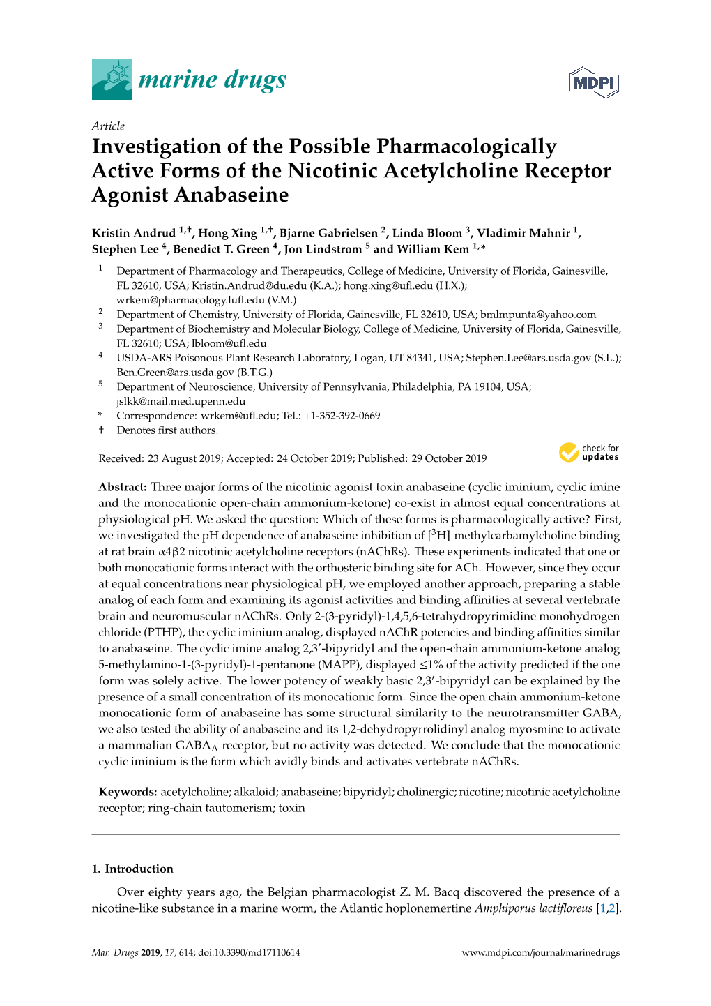 Investigation of the Possible Pharmacologically Active Forms of the Nicotinic Acetylcholine Receptor Agonist Anabaseine