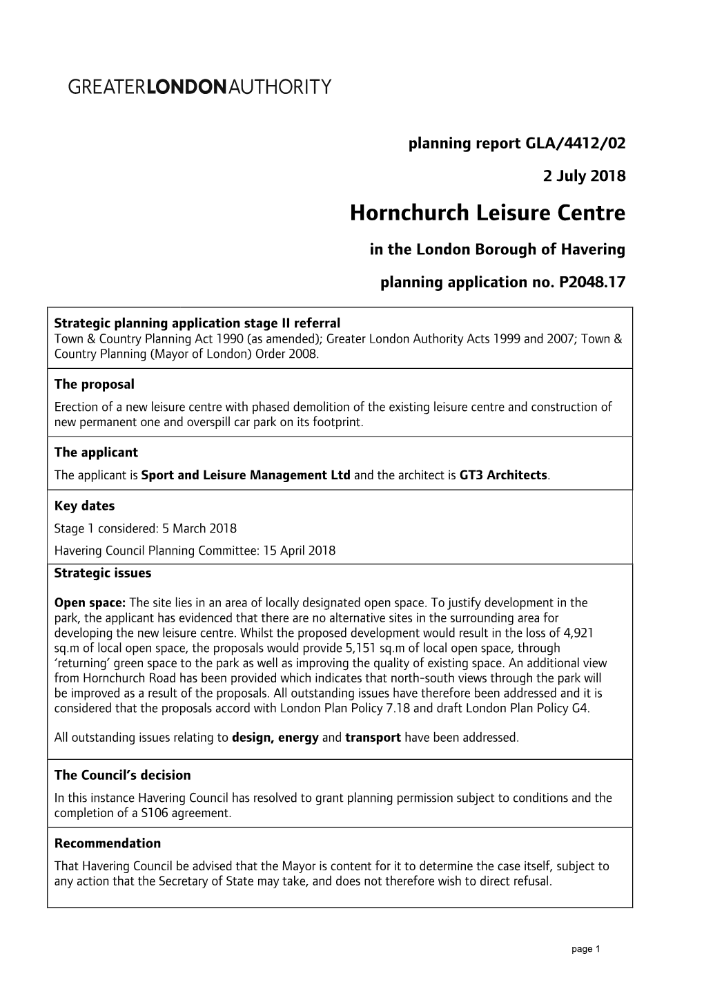 Hornchurch Leisure Centre in the London Borough of Havering Planning Application No