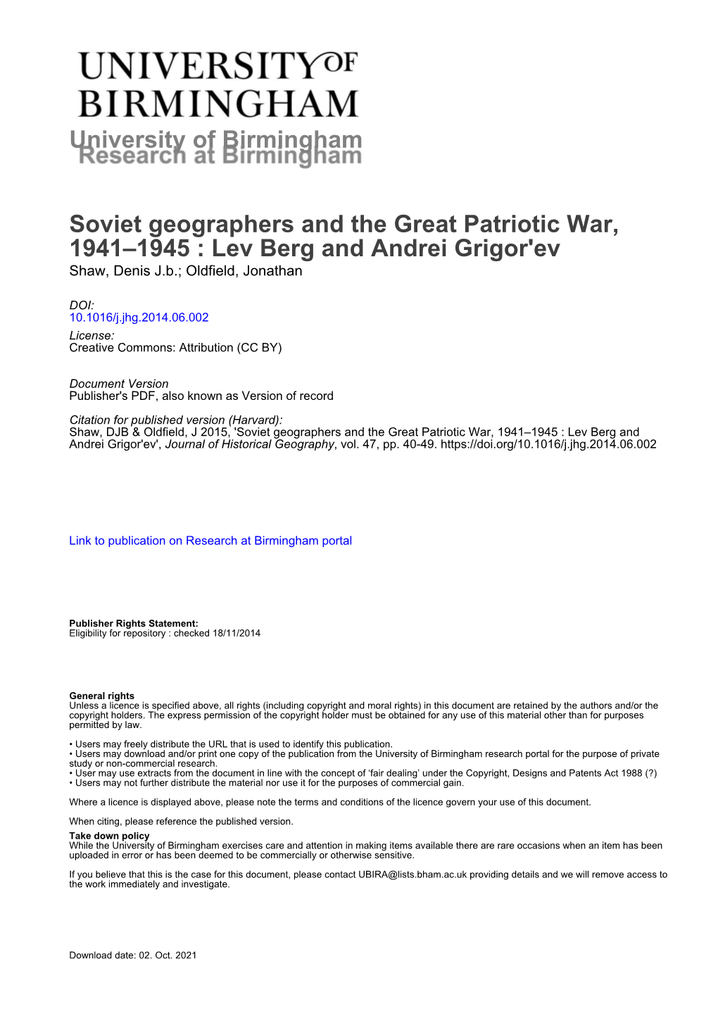 Soviet Geographers and the Great Patriotic War, 1941-1945