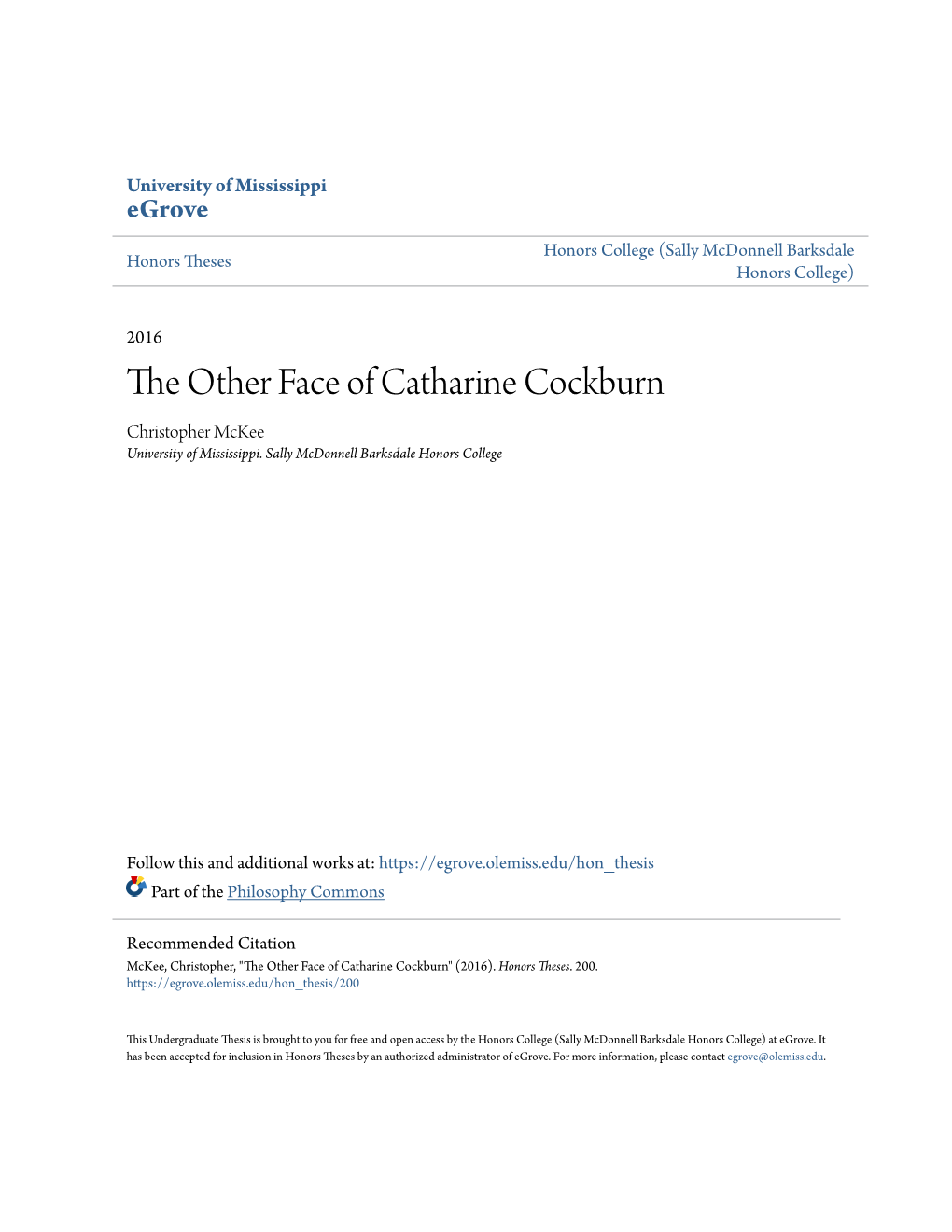 The Other Face of Catharine Cockburn Christopher Mckee University of Mississippi