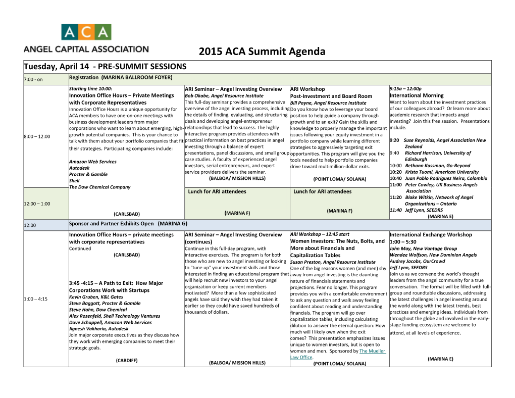 2015 ACA Summit Agenda Tuesday, April 14 - PRE-SUMMIT SESSIONS