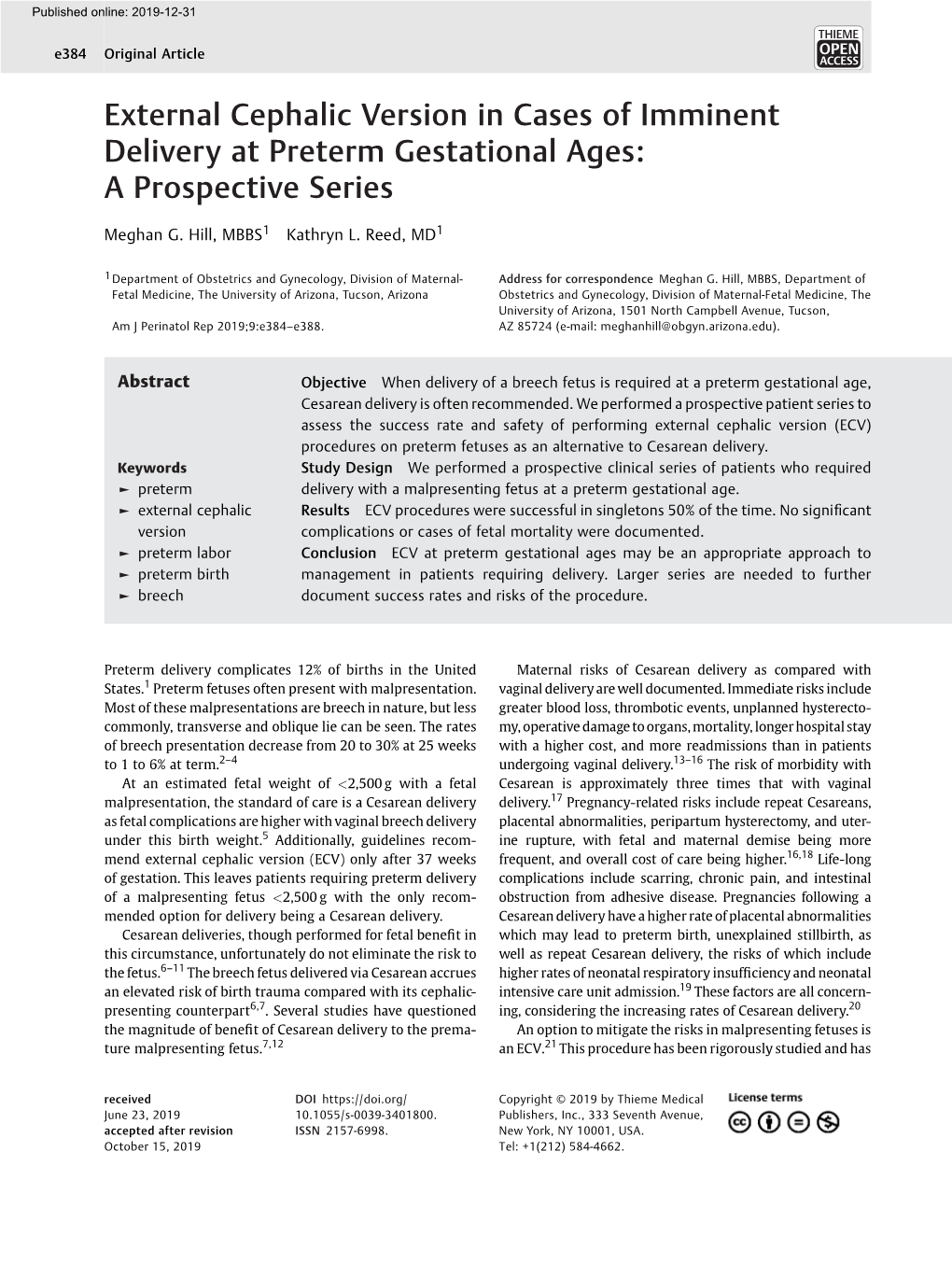 External Cephalic Version in Cases of Imminent Delivery at Preterm Gestational Ages: Aprospectiveseries