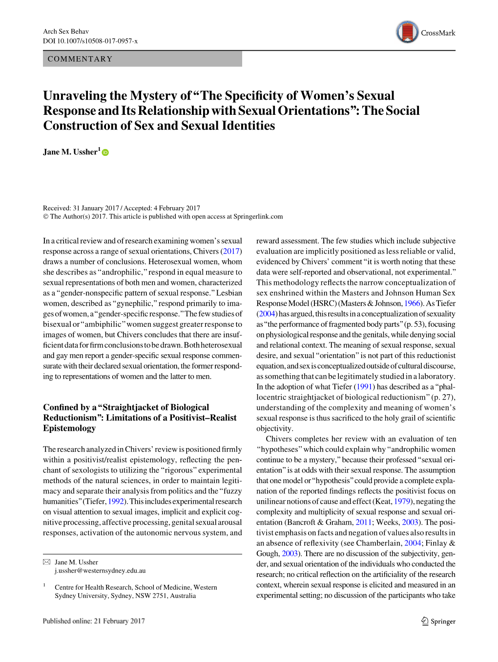 The Specificity of Women's Sexual Response and Its Relationship With