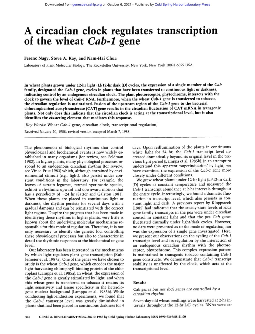 A Circadian Clock Regulates Transcription of the Wheat Cab-1 Gene