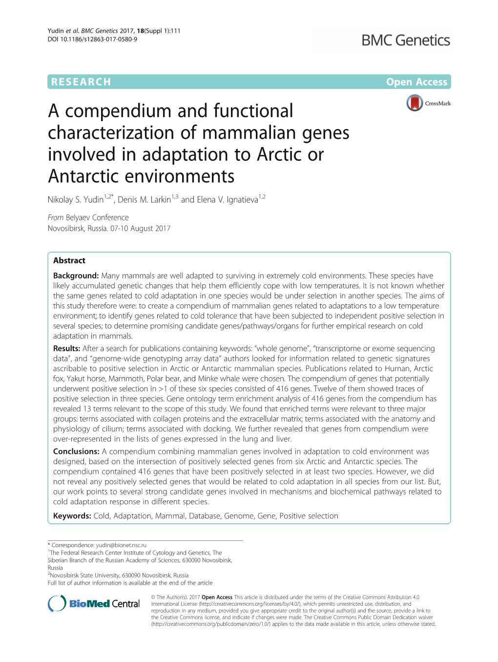 A Compendium and Functional Characterization of Mammalian Genes Involved in Adaptation to Arctic Or Antarctic Environments Nikolay S