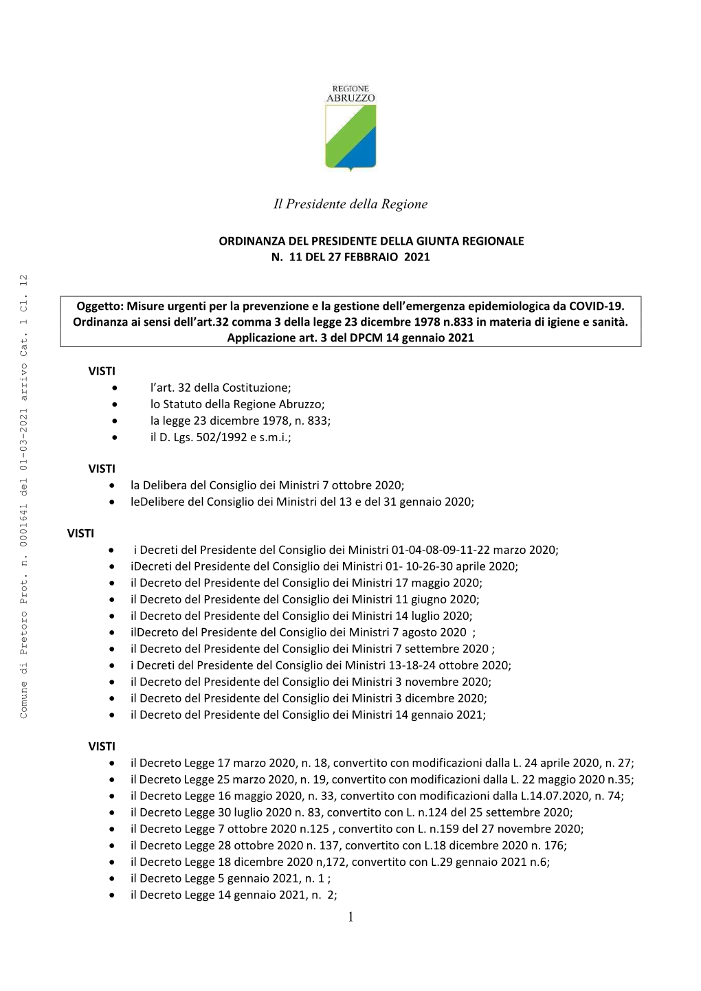 Ordinanza Del Presidente Della Giunta Regionale N