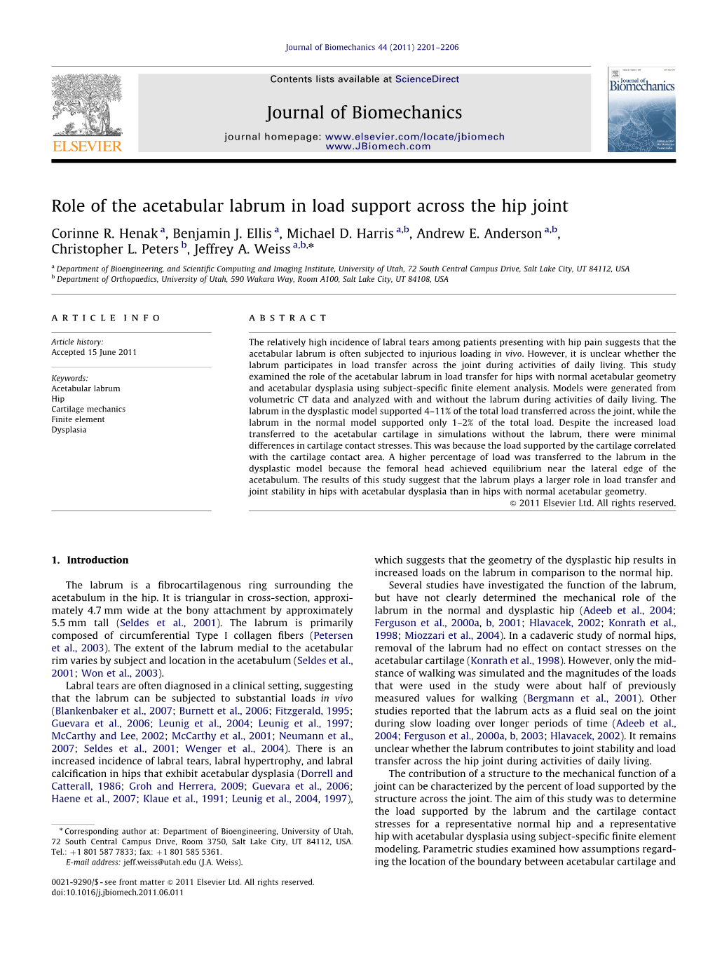 Role of the Acetabular Labrum in Load Support Across the Hip Joint