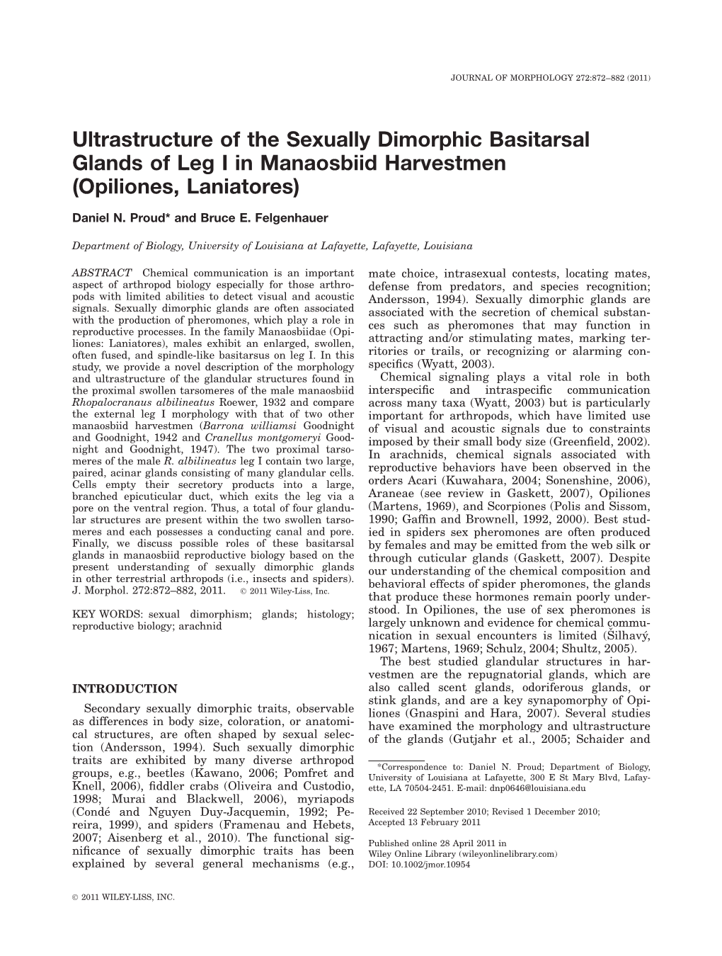 Ultrastructure of the Sexually Dimorphic Basitarsal Glands of Leg I in Manaosbiid Harvestmen (Opiliones, Laniatores)