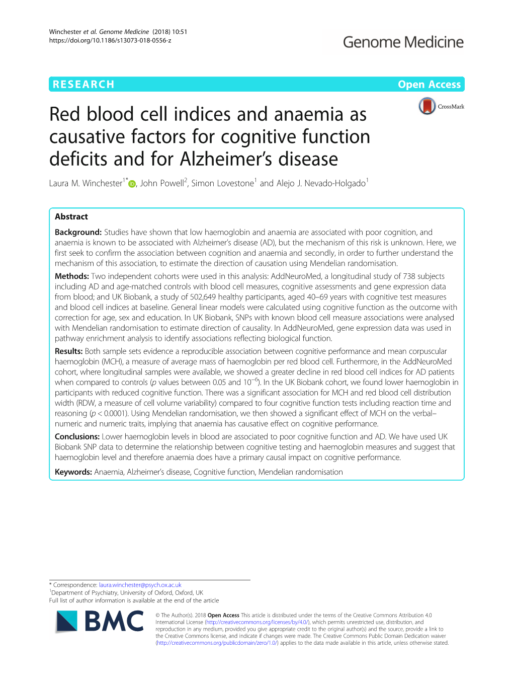 Red Blood Cell Indices and Anaemia As Causative Factors for Cognitive Function Deficits and for Alzheimer’S Disease Laura M