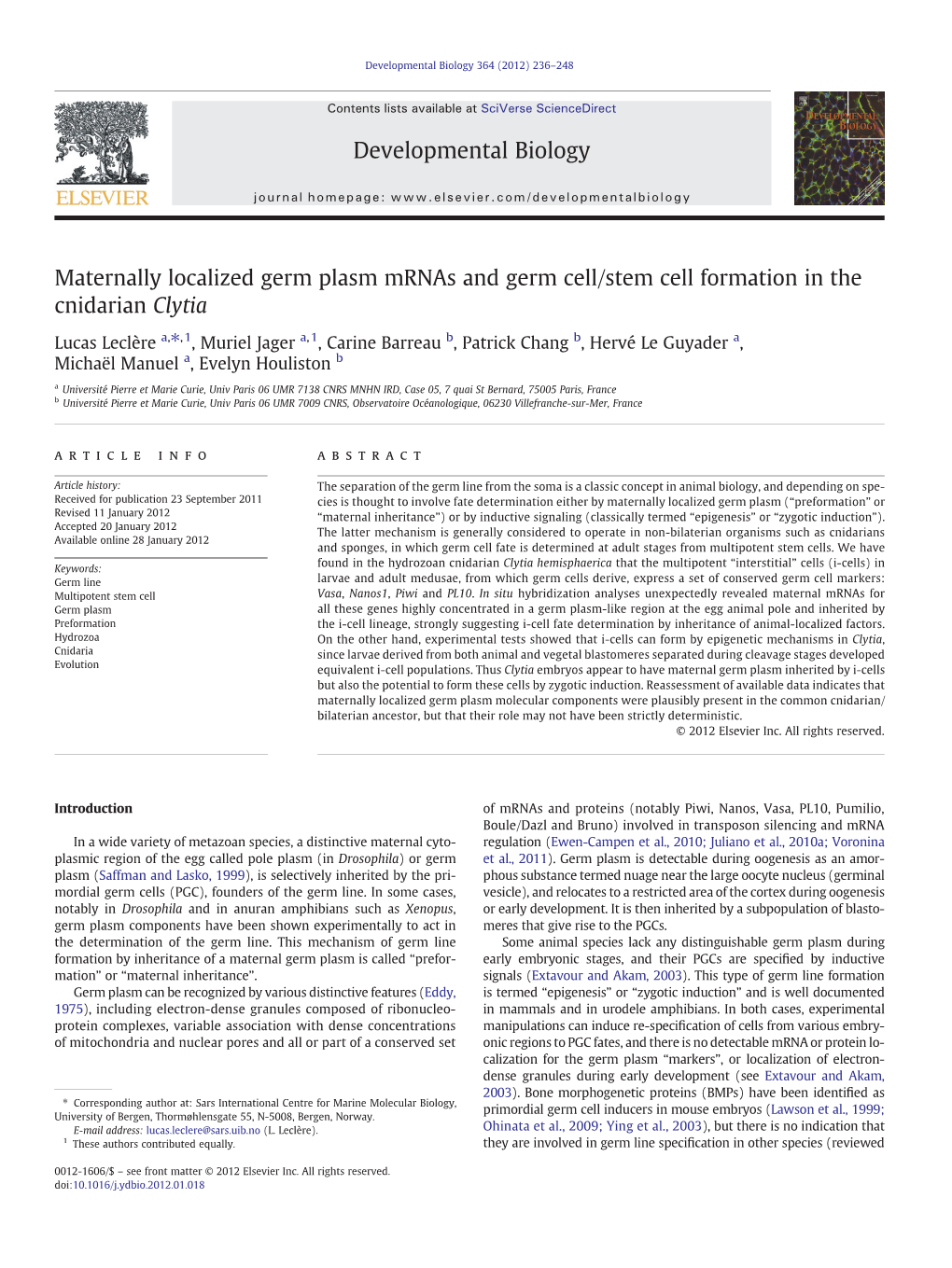 Maternally Localized Germ Plasm Mrnas and Germ Cell/Stem Cell Formation in the Cnidarian Clytia