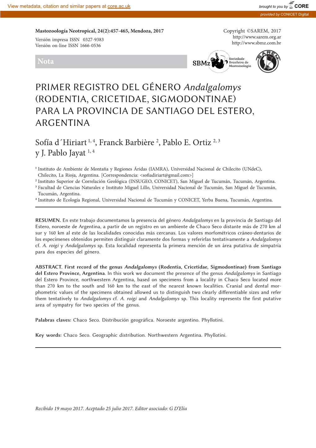 PRIMER REGISTRO DEL GÉNERO Andalgalomys (RODENTIA, CRICETIDAE, SIGMODONTINAE) PARA LA PROVINCIA DE SANTIAGO DEL ESTERO, ARGENTINA
