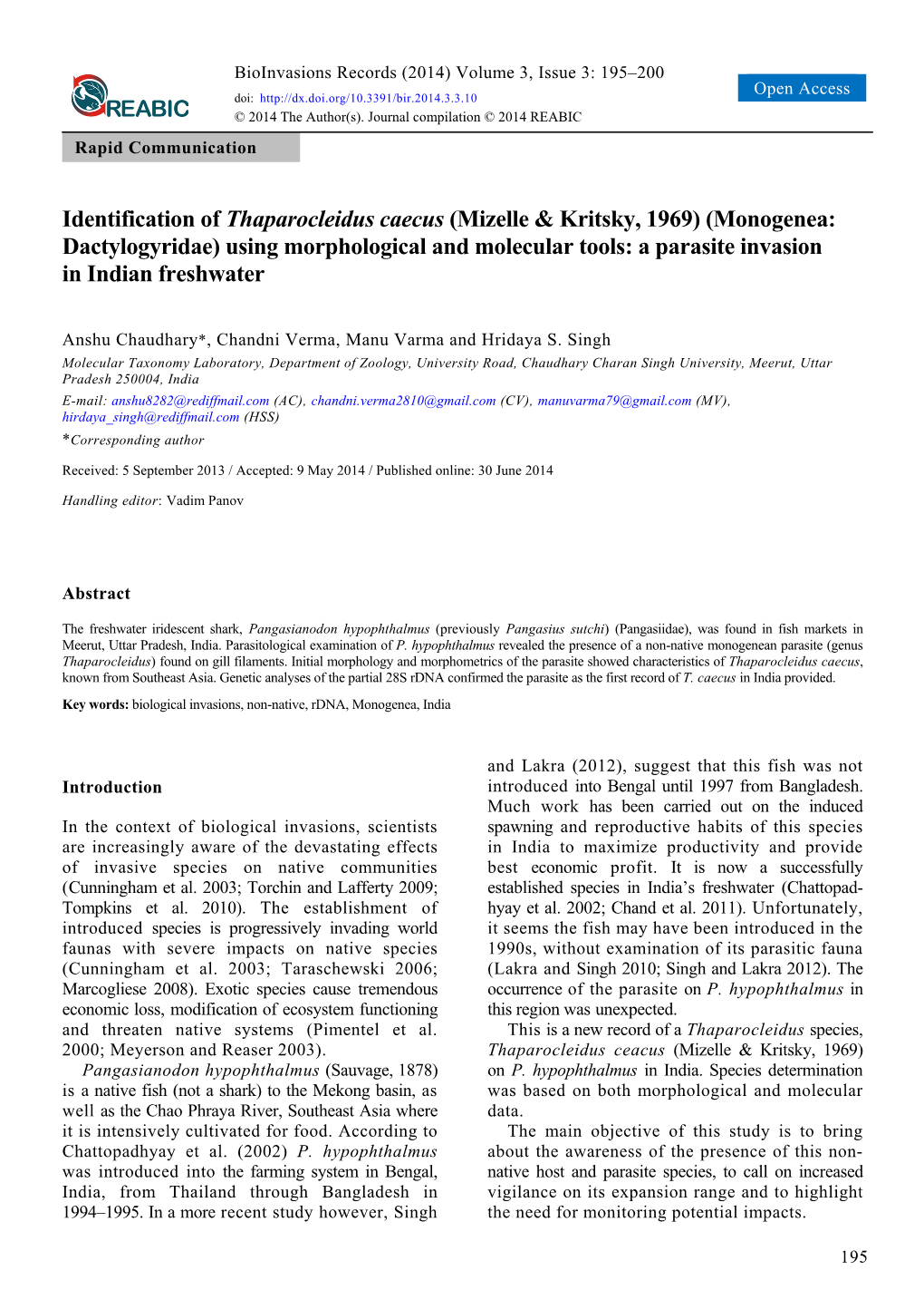 Monogenea: Dactylogyridae) Using Morphological and Molecular Tools: a Parasite Invasion in Indian Freshwater