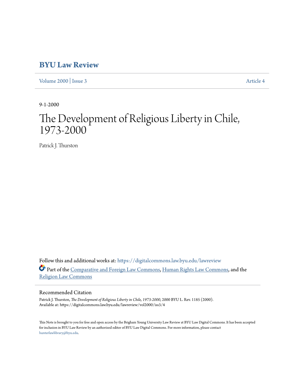 The Development of Religious Liberty in Chile, 1973-2000, 2000 BYU L