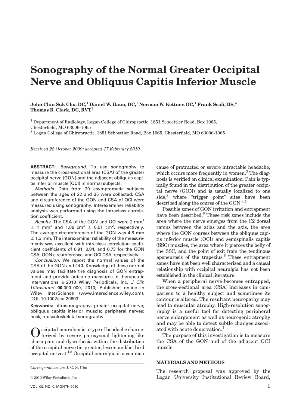 Sonography of the Normal Greater Occipital Nerve and Obliquus Capitis Inferior Muscle