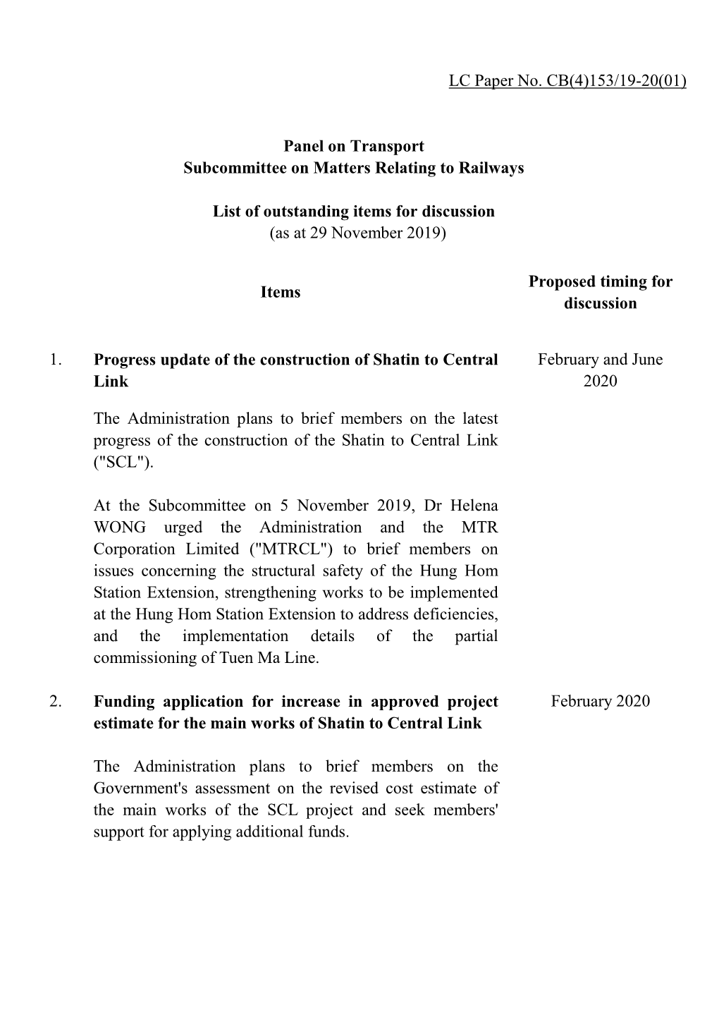 LC Paper No. CB(4)153/19-20(01) Panel on Transport Subcommittee