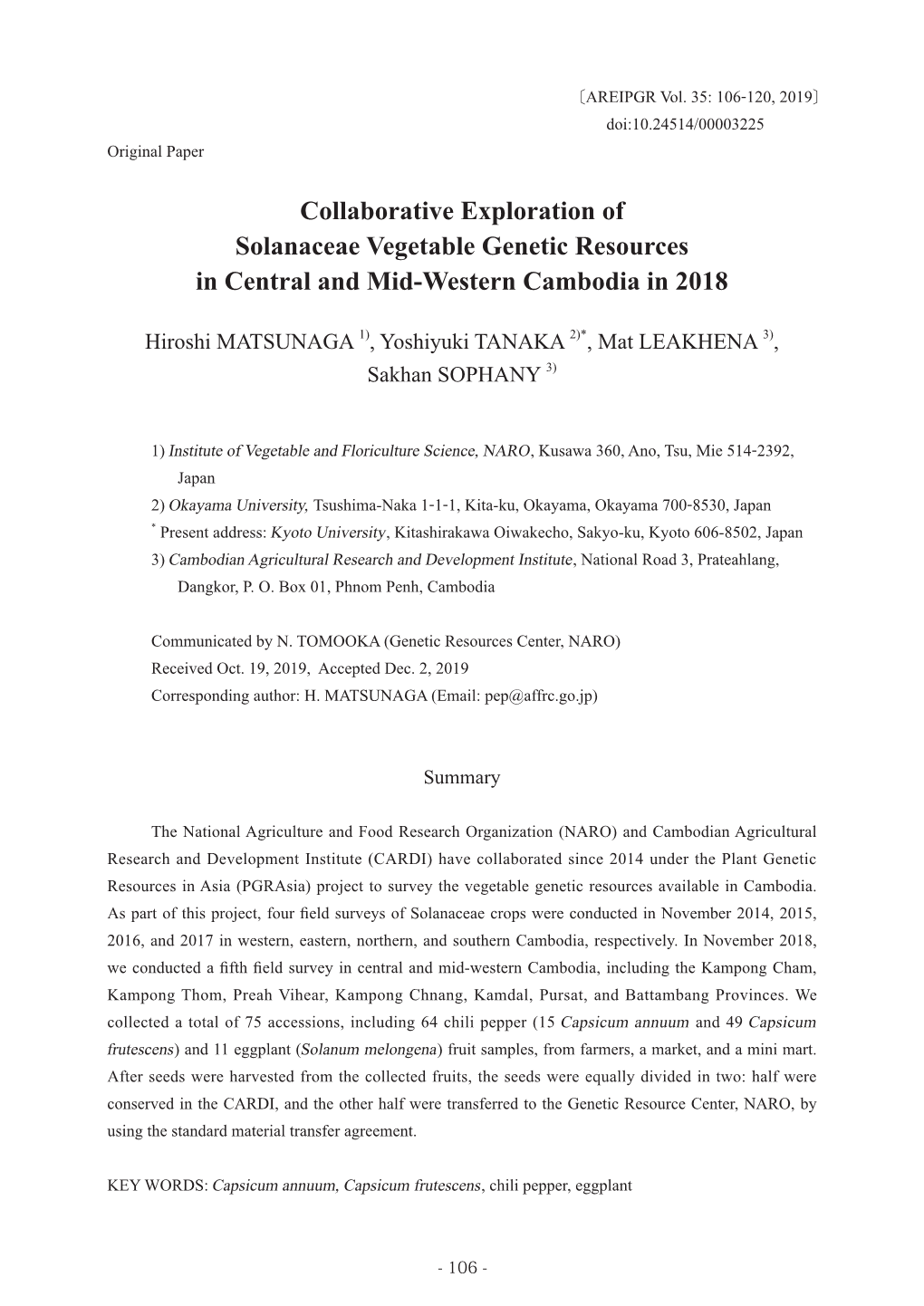 Collaborative Exploration of Solanaceae Vegetable Genetic Resources in Central and Mid-Western Cambodia in 2018