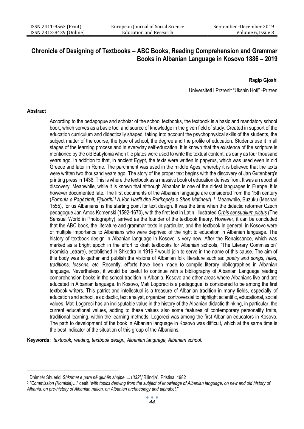 Chronicle of Designing of Textbooks – ABC Books, Reading Comprehension and Grammar Books in Albanian Language in Kosovo 1886 – 2019