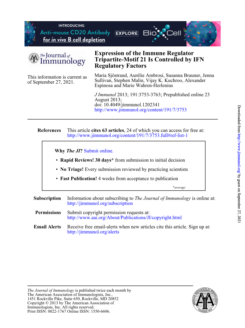 Regulatory Factors Tripartite-Motif 21 Is Controlled by IFN Expression Of