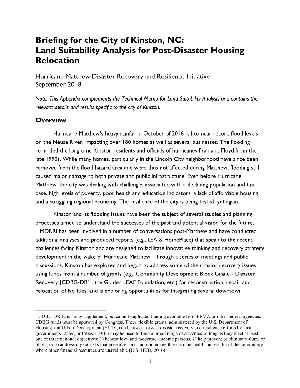 Briefing for the City of Kinston, NC: Land Suitability Analysis for Post-Disaster Housing Relocation
