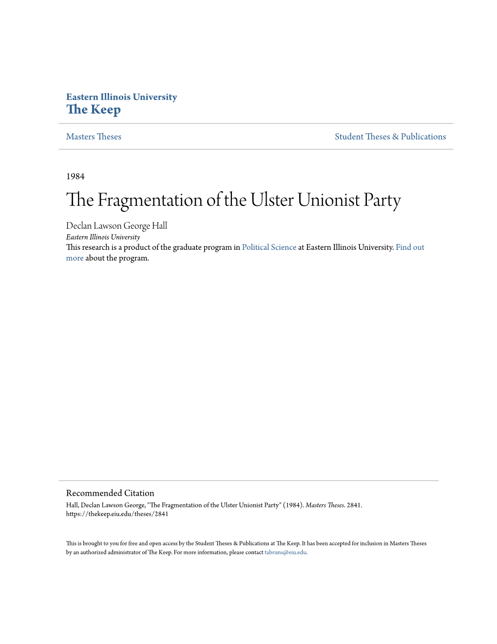 The Fragmentation of the Ulster Unionist Party